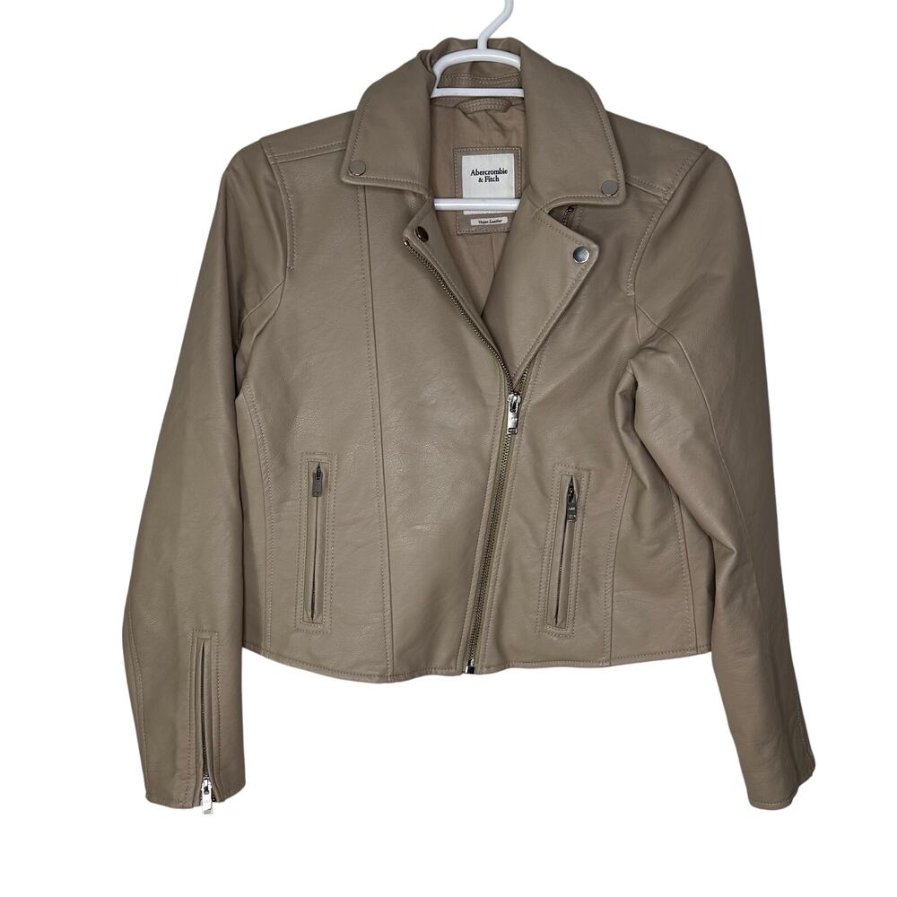 Abercrombie & Fitch Women's XL Vegan Faux Leather Moto Jacket Tan‎ Zip Up EUC